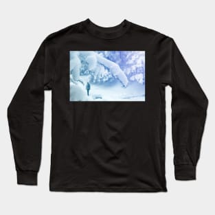 Alone tourist walking through snowy forest Long Sleeve T-Shirt